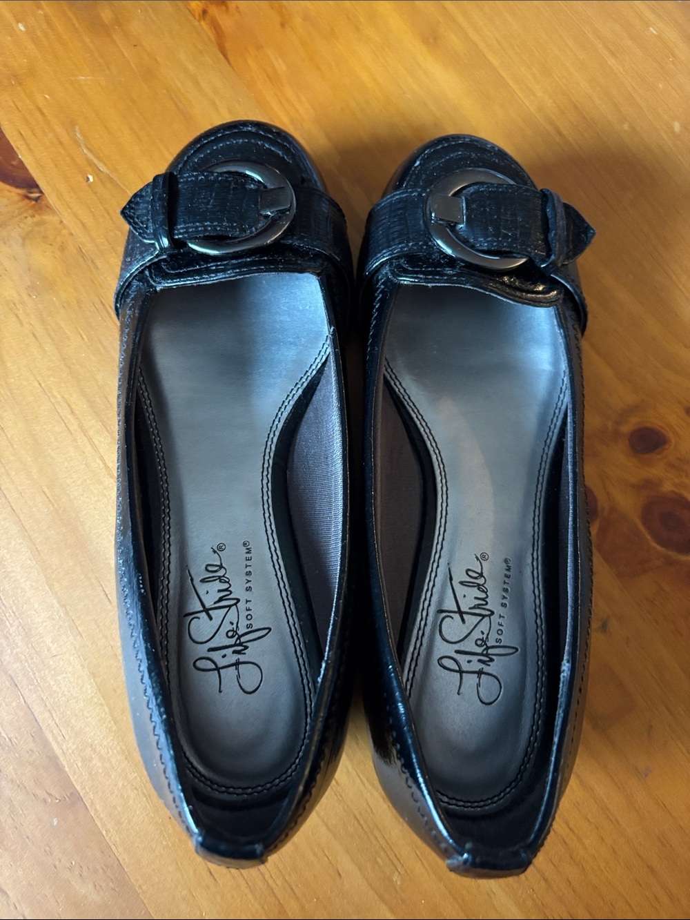 Life Stride Black Patent Loafer Flats with Buckle Accent